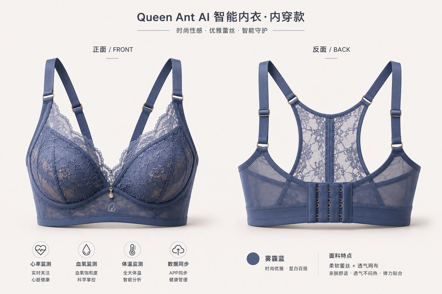QUEEN ANT Fog Blue lace everyday smart bra shown from front and back